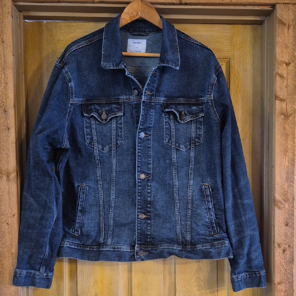 Old Navy Denim Blue Jean Jacket Pockets With Sunflower Detail On Back Cotton XL - Picture 1 of 13